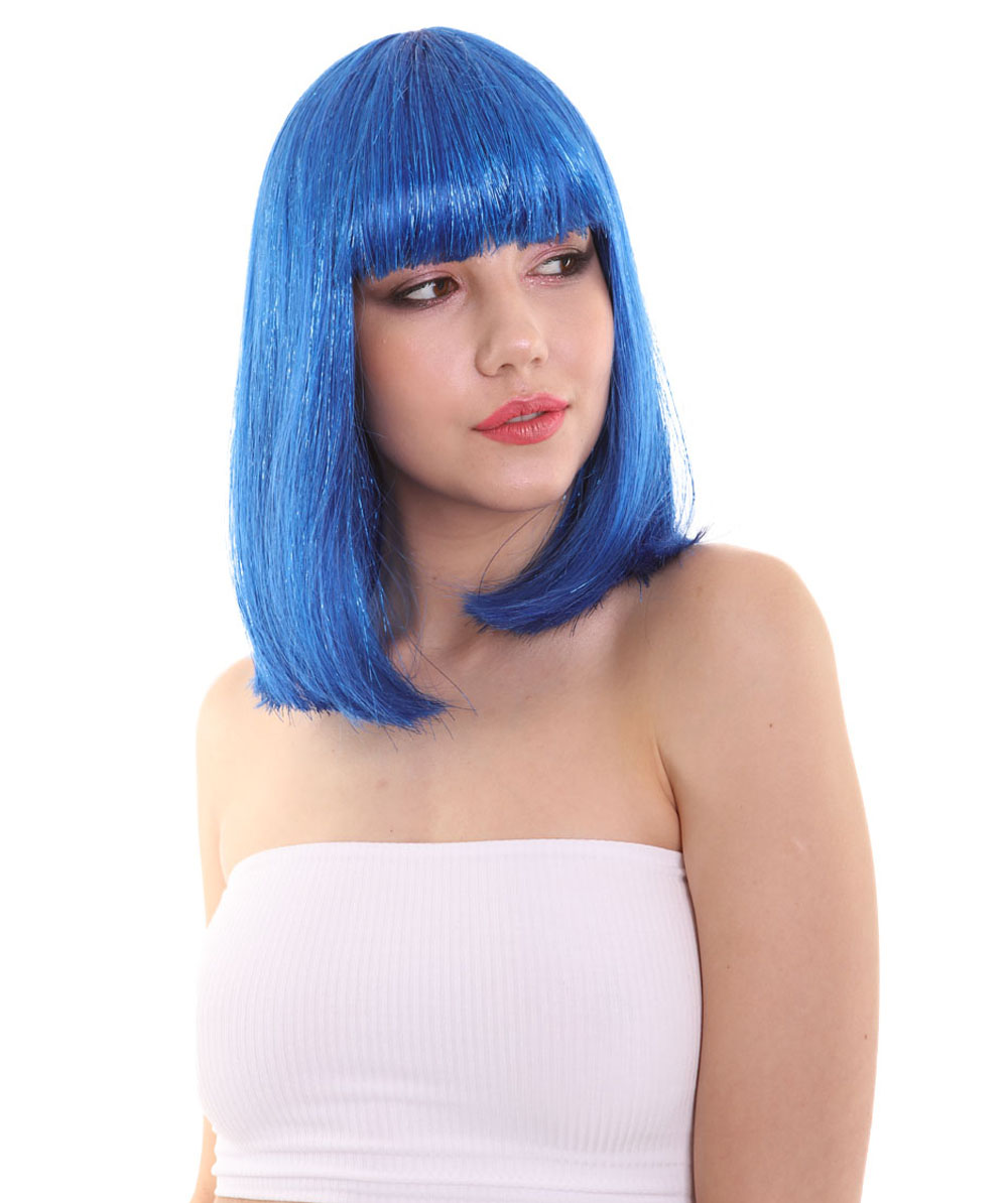 ハロウィンパーティ H-5217 女性用 ティンセルボブ 顎の長さ ティンセルハイライトの明るい青色ウィッグ プレミアム 通気性抜群のキャップレスキャップ